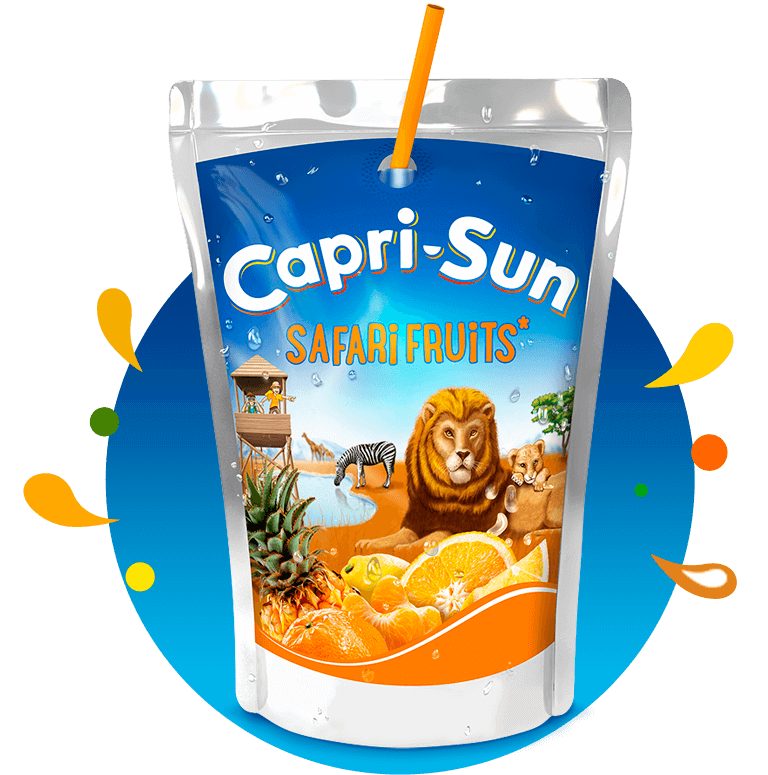Capri Sun Safari Fruits 200ml with background and splashes