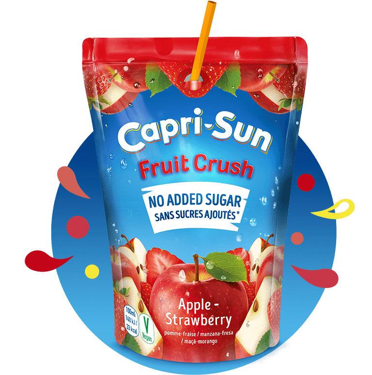 Capri Sun Orange 200ml Fruit Crush No added sugar Apple Strawberry 200ml with background and splashes